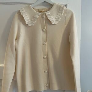 Sezane Cream Cardigan with Vintage Lace Collar